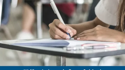 Student writing in a notebook at her desk